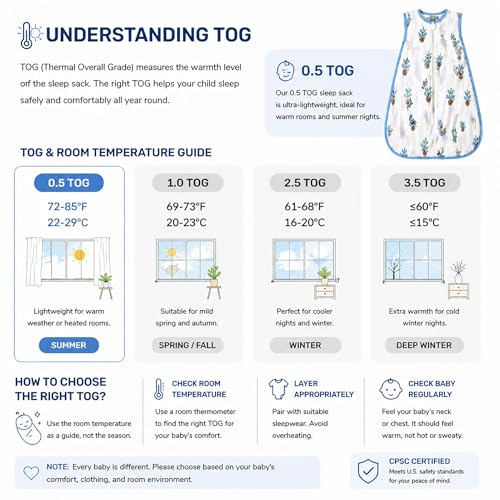 Image of Baby Sleeping Sack Muslin 0.5 tog Cotton 3-12 Months Summer Lightweight Toddler Wearable Blanket Sleeping Bag Thin Breathable Soft Infant Sleeper Sack 6-12M
