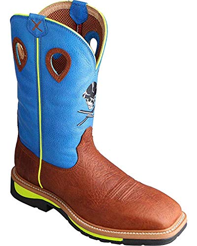 Image of Twisted X Men's 12 inch Western Work Boot, Square Toe Steel Toe, Brown Oiled Shoulder & Neon Blue, 11 D