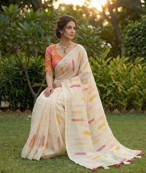 Image of Women's Linen Cotton Blend Saree Multicolor Ikat Brush Print Scalloped Border with Floral Print Unstitched Blouse Piece