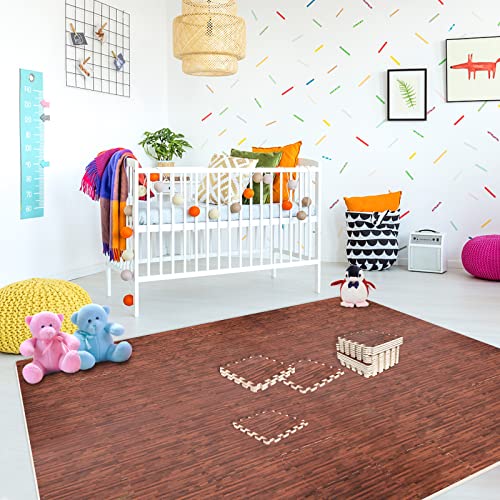 Smabee 16Pcs Interlocking Printed Wood Grain Eva Foam Mats Protective Floor Tiles Exercise Play Mat For Kids Room Parlor Bedroom Home 11.8" X 11.8" (Wood Grain Brown) #TOP6