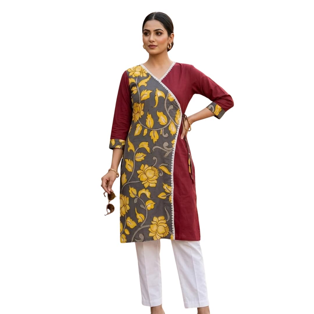 Women's Paint Kalamkari Anarkha Pattern Kurti, Black and Green Floral Print, 3/4 Sleeve, V-Neck-picture-36
