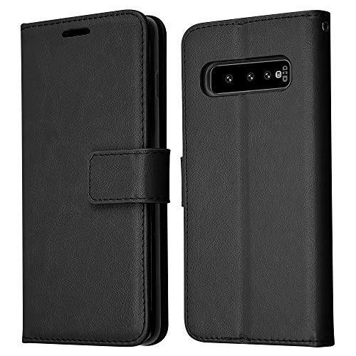TECHGEAR Galaxy S10 Plus Leather Wallet Case Flip Protective Case Cover with Card Slots Kickstand and Wrist Strap - Black PU Leather Designed For Samsung Galaxy S10 Plus