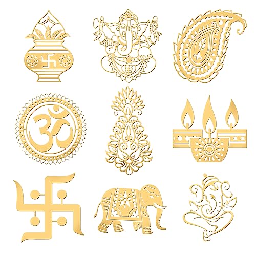 OLYCRAFT 9Pcs 1.6x1.6 Inch Gold Metal Stickers India Style Sticker Ganesha Self Adhesive Gold Decals Decorative Metal Stickers for Scrapbooks DIY Resin Crafts Phone Water Bottle Decoration