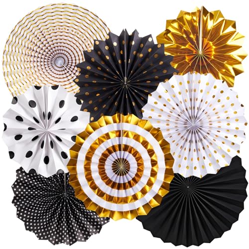 Image of Black and Gold Decorations, Hanging Honeycomb Paper Pompoms Fan for Graduation Birthday Wedding Photo Backdrop Prom Night New Years Black and Gold Party Decorations, Set of 8