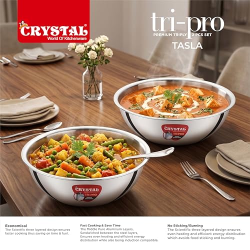 Image of Crystal Tripro Triply Stainless Steel 2 Pcs Tasla Set | 20cm and 22cm Tasla Set | Less Oil Use for Health Cooking, Even Heat Distribution | Induction Bottom