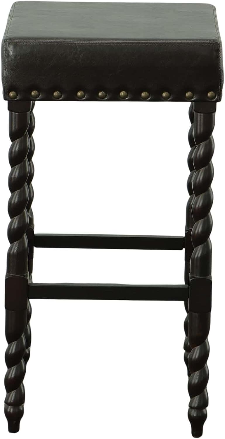 Carolina Chair & Table Flora 30" Bar Stool with Linen Upholstered Seat - Solid Wooden Frame, Twist Turned Legs with Antique Brass Nailhead Trim Accent Stool for Kitchens, Bars (Espresso/Brown)