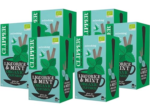 Image of Clipper Organic Liquorice & Mint Tea Bags - 20 Tea Bags, Herbal Infusion with Peppermint, Naturally Sweet Caffeine-Free Tea, Plastic-Free Biodegradable Tea Bags (Pack of 6) from SuperfoodUK