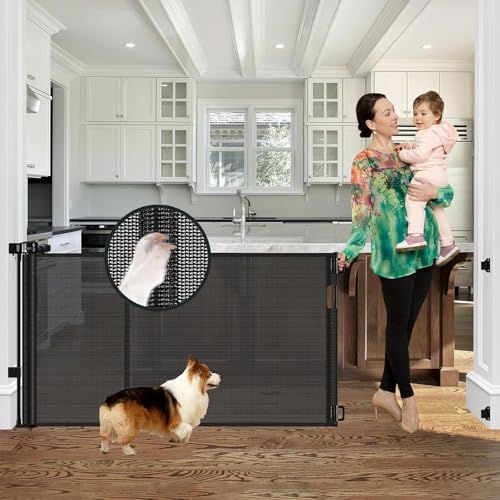 Reinforced 60 Wide Retractable Baby Gates with Upgraded Rods - Bottom Anti-Escape 5 ft Mesh Baby Gate Retractable Dog Gate Indoor Pet Gate Retractable Stair Gate Outdoor Retractable Gate Black
