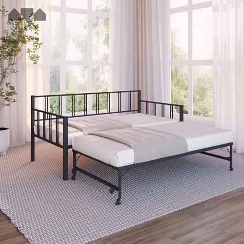 image for Milliard Twin Daybed with Backrest and Pop-Up Trundle Set, Modern Blac