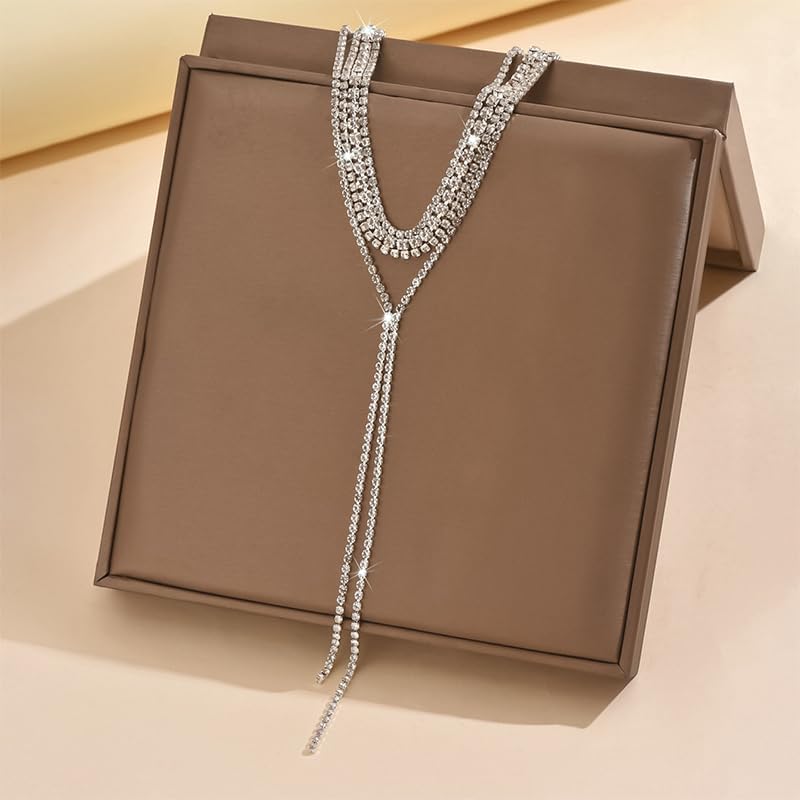 Long Rhinestone Lariat Necklace Silver Black Statement Bling Sparkly Cz Tennis Chain Choker Layered Faux Diamond Y Necklaces Prom Jewelry for Women - Image 6