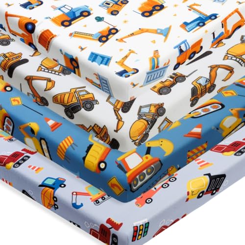 4 Pack Baby Boy Pack N Play Mini Crib Sheets Soft Fitted Baby Boy Mattress Covers Construction Truck Theme Breathable Toddler Sheets for Infant (Construction Truck, Pack N Play Mini Crib Sheets)