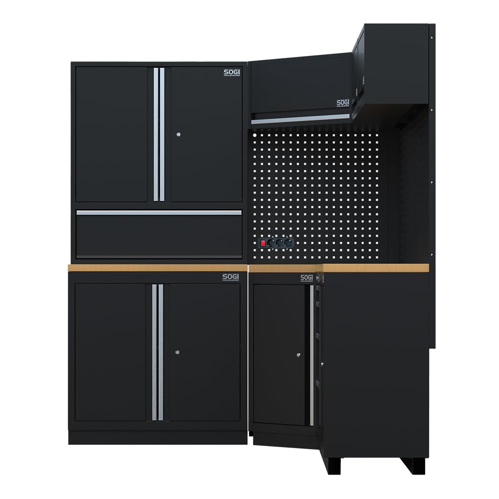 Sogi ARR-OFF-3895-L Arredamento modulare in lamiera per officina e garage - piano in legno - 3895x465x2000 mm