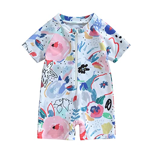 niceclould Toddler Boy Girl Short Sleeve One Piece Zipper Swimsuit Watercolor Swimwear Romper Jumpsuit Beach Bathing Suit (US, Age, 12 Months, 18 Months, A-Watercolour)