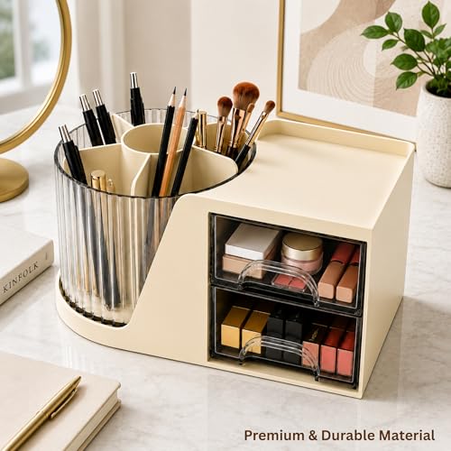 Image of KiZY Luxury 360 Rotating Makeup Brush Holder Organizer | Countertop Organizer Skincare Storage for Vanity, Desktop, Bathroom, Cosmetics | Lipstic, Eyeliners, Perfume Storage. (ROT CREAM)