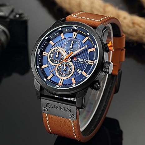 CURREN Mens Water Resistant Sport Chronograph Watches Military Multifunction Leather Quartz Wrist Watches (Black Blue), Black, Chronograph,Quartz Movement