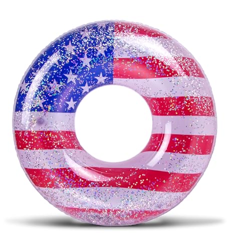 Inflatable USA Luxurious Ring Pool Float - Sparkling Silver Stars Confetti with Cute American Flag Design, Perfect 4th of July Float for Beach, Lake, and Pool - 36 Inch