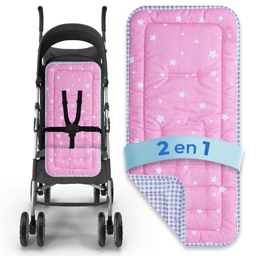 Colchoneta silla paseo universal | Reversible (2 en 1) | Transpirable | Todo el Año | Lavable | Acolchado Mayor Comodidad del Bebé. Compatible mayoría marcas. Fabricado en España (Rosa)