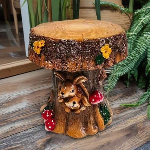 Whimsical Tree Stump Garden Stool — Mushroom & Squirrel Carved Resin Stump Seat, 12.6 in Plant Stand, Weather-Resistant Outdoor/Indoor Foot Stool, Small Side Table, Garden Decor (Tree Stump 2)