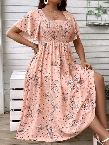Image of Floerns Women's Plus Size Floral Square Neck Flounce Short Sleeve A Line Maxi Dress