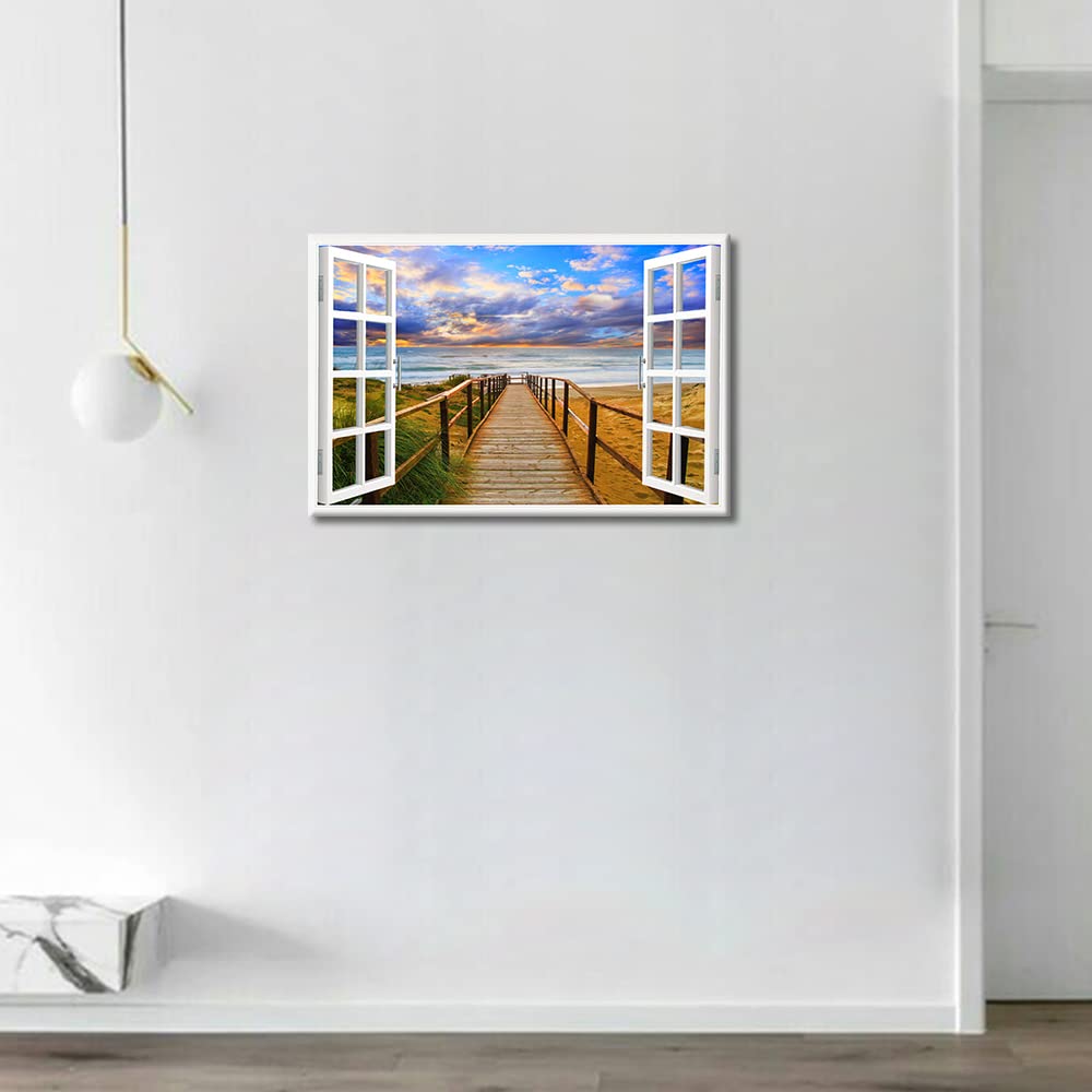 Canvas Wall Art The Pier Leading to the Coast Landscape Wall Painting Window View Modern Artwork Natural Scenery Pictures Home Decorations for Living Room and Bathroom Framed Ready to Hang (24"Wx16"H) - Image 4