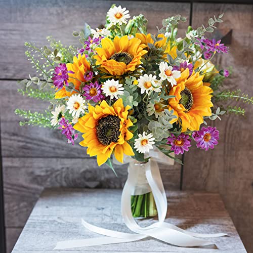 Cewor Artificial Sunflowers Bouquet Fake Flower Bouquet With Sunflowers For Bridal Bouquets Wedding Centerpieces Decor Party Table Gravesites Fall Floral Arrangements Home Decoration #TOP5
