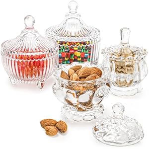 YOUEON 4er Set Glas Bonbonglas Mit Deckel, Kristall Dekorative Schale, Keksdose, Schmuckdose, Kleine Glasgefäße für Bonbon Buffet, Küche, Haus, Bürotisch