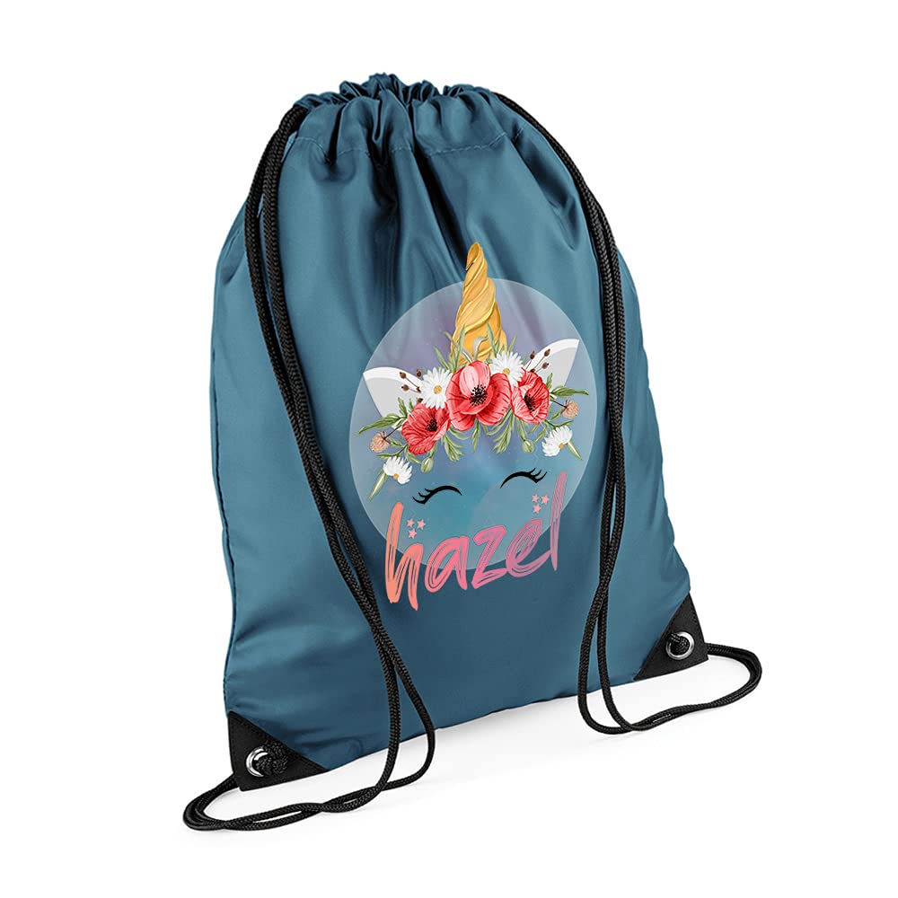 Personalised Unicorn Magicaly Stars Crown Castle Floral Girl ANY NAME Kids Birthda Back To School Drawstring Bag, PE Gym Kit, Swimming Rucksack. (Airforce Blue)