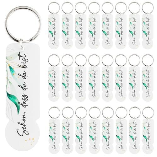 SRunDe 25 Stück Acryl Einkaufswagenchip Schlüsselanhänger Schön dass du da bist Einkaufschip Abziehbar Wagenlöser Sublimation Weiß für Hochzeiten Abschluss Ruhestand Taufe Geburtstag Gastgeschenke