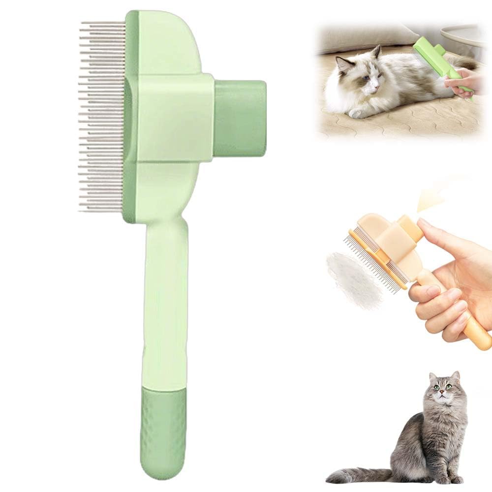 2025 Cepillo para gatos con dientes metálicos largos y cortos, botón de liberación automática, para pelo largo y corto (verde)
