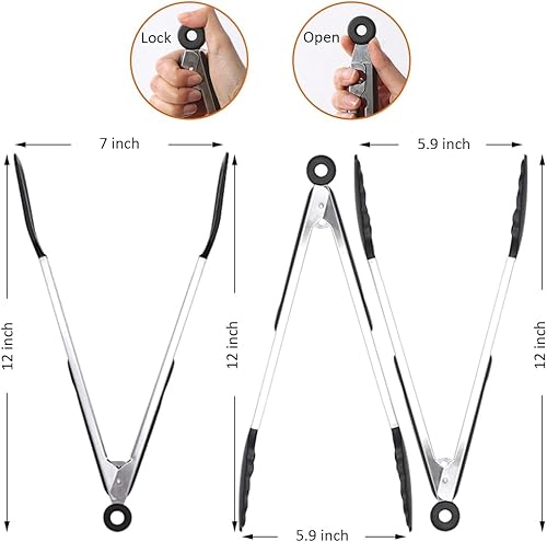 Miniatura 2 de Juego de 3 pinzas de cocina de 12 pulgadas, pinzas de silicona con puntas de silicona y mango de acero inoxidable, pinzas para cocinar, hornear,