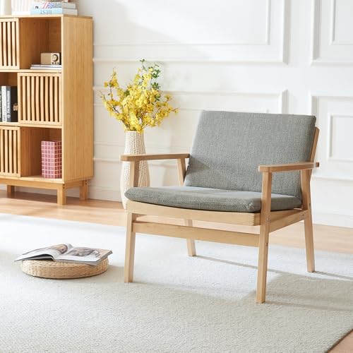 Image of Panana Armchair, Wooden Accent Chair with PE Rattan Backrest, Wood Frame and Padded Seat Cushion & Back for Living Room, Bedroom, Home Office (Natural with Light Grey Pad)
