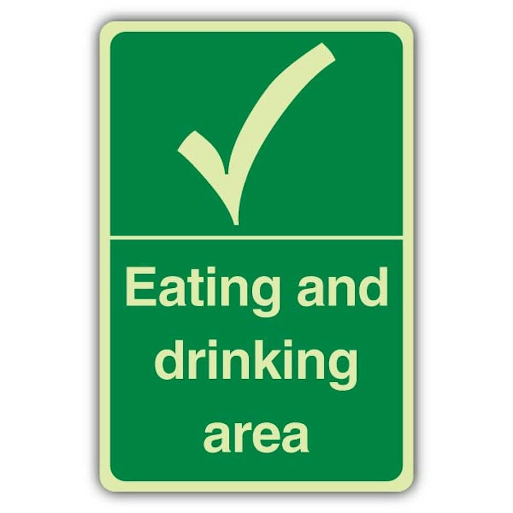 V Safety Photoluminescent Eating And Drinking Area Safety Sign - 200 x 300 mm - 1.2mm Rigid Plastic - Triple Glow