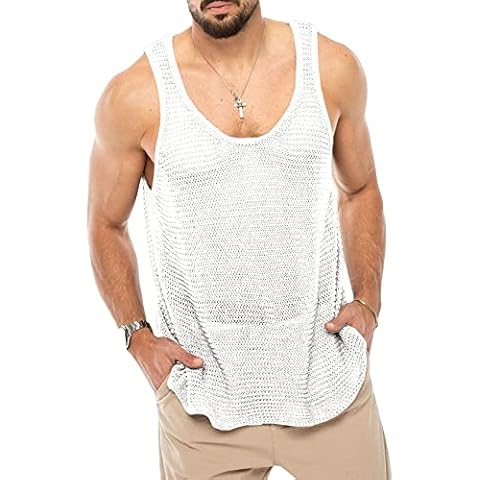 Angeun Mens Tank Tops Casual Sleeveless Lightweight Muscle Shirts Knit Loose Cami Shirt Summer Sweater Vest Blouses White Cover