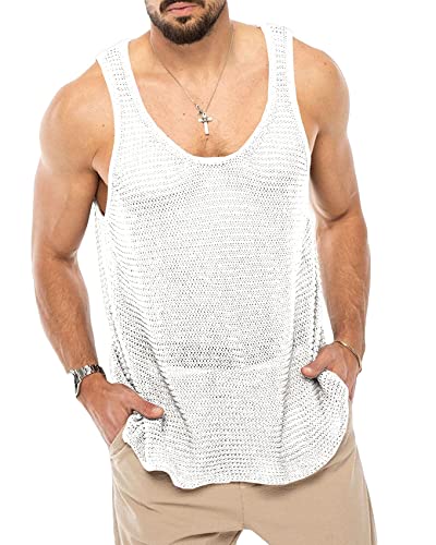 Gafeng Durchsichtiges Herren-Tank-Top, Workout, Outdoor, Fitnessstudio, Muskel-Shirt, lässig, einzigartig, ärmellos, Weiß, Mittel Cover