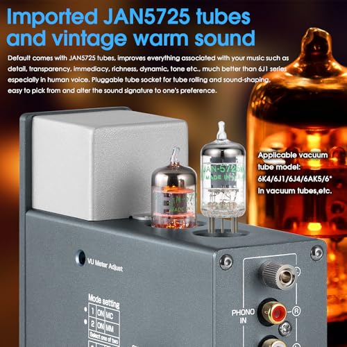 Douk Audio T4 Plus真空管フォノプリアンプ MM/MC ターンテーブルオーディオプリアンプ、GE5654 ヘッドホンアンプ VUメーター付き レコードプレーヤーホームステレオ用