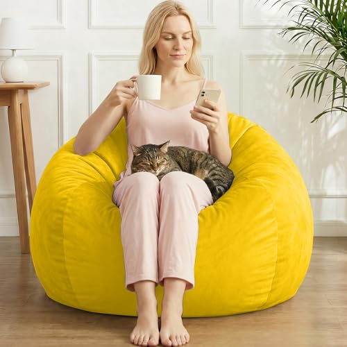 Image of Stuffed Animal Storage Bean Bag Chair Cover for Adults (No Filler), Soft Comfy Velvet Beanbag Chair Cover Machine Washable, Adults Bean Bag Chair with Handle for Living Room Bedroom, Yellow