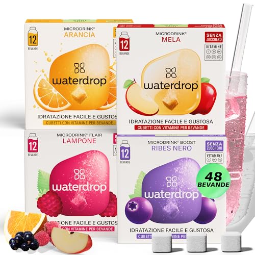 waterdrop® Mele e Bacche Set - 48 cubetti waterdrop per acqua - Pacchetto di prova con 4 gusti aromatizzanti - insaporitore senza zucchero - acqua aromatizzata in forma di cubetti - Microdrink Set