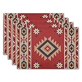 Red Vintage Southwest Placemats Set of 4 Southwestern Native Aztec Tribal Indian Placemats Table Mat Washable Heat Resistant Place Mats for Home Kitchen Dining Holiday Party 12' x 18' Inch