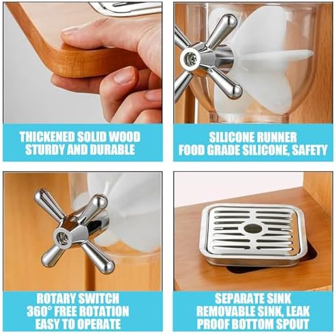 3-Barrel Cereal Dispenser for Easy Clean, Dry Food Storage with PC Bucket & Wooden Base - Perfect Countertop Container for Cereal and Snacks, Ideal for Kitchen Organization