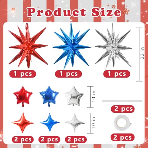 Image of TONIFUL 22Inch 15Pcs Red Blue Silver Explosion Star Balloons and 10Inch Four Pointed Star Balloons Set for Christmas New Year Birthday Wedding Bridal Shower Independence Day Anniversary Supplies