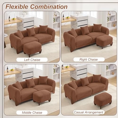 Image of WUTUTUEE 28.7 inch Sherpa Boucle Ottoman with Solid Wood Legs, Modern Upholstered Footstool, Comfy Ottoman for Living Room, Bedroom, Caramel