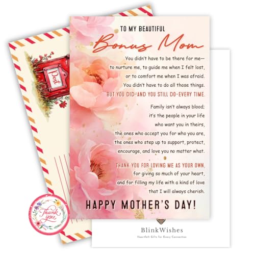 BlinkWishes Bonus Mom Mothers Day Card, Mothers Day Card for Step Mom or Stepmom with Envelope and Seal, Bonus Mom Card from Stepdaughter, Stepson