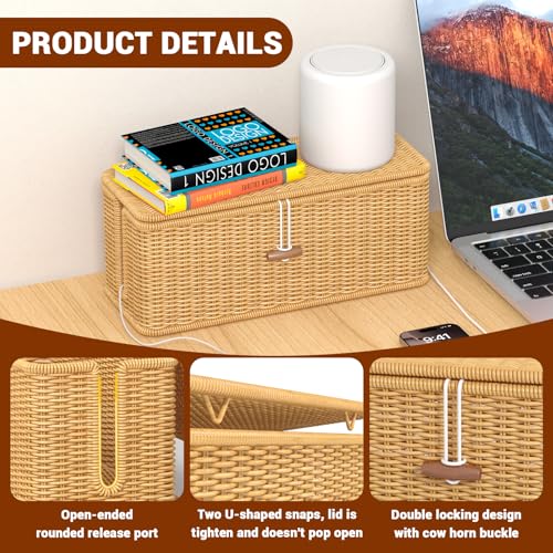 Aocii Handgemachte Kabelbox, Rattan Kabelmanagement Box, unter Schreibtisch Kabel Organizer Box für Tv Drähte Power Strip, kabelsalat verstecken Schreibtisch Steckdosenbox für Büro, Haus