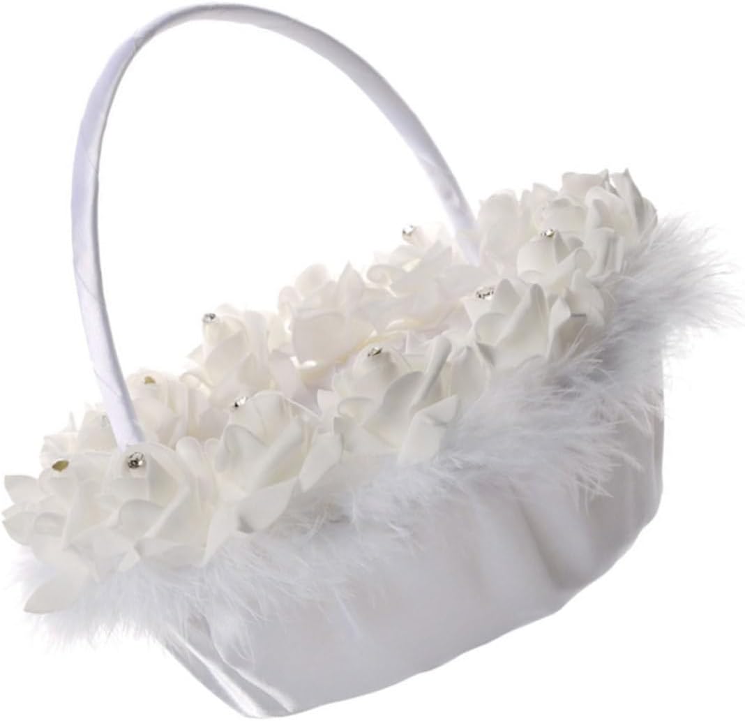 minkissy White Flower Girl Basket for Wedding Ceremony, Delicate Handheld Wedding Flower Basket with Handle, Floral Decor for Bridal Shower and Event Supplies