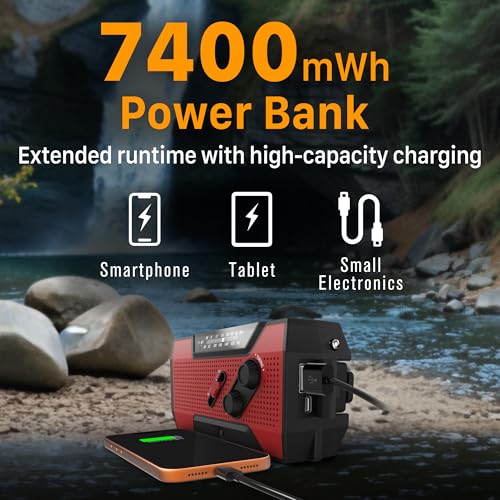 Image of FosPower NOAA Emergency Weather Radio A1 7400mWh Portable Power Bank, AM /FM, USB /Solar /Hand Crank Charging, Battery Operated, SOS Alarm & Flashlight for Indoor /Outdoor Emergency - Red