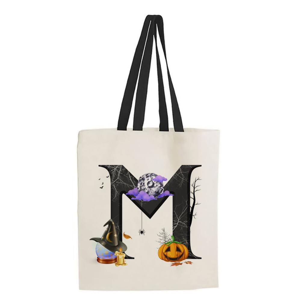 Halloween Bags, Initial Tote Bag, Gifts for Girl, Trick or Treat Bag, Halloween Pumpkin Party, Girl Gift, Reusable Bag, Shopping Bag, Black Handle Tote Bag. (M)
