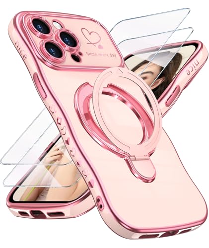 Liufcx for iPhone 14 Pro Max Case with Screen Protector: Luxury Plated Gold Cute Wavy Edge Love Heart Kickstand Case Slim Soft TPU Shockproof Protection Cover for iPhone 14 Pro Max (Pink)