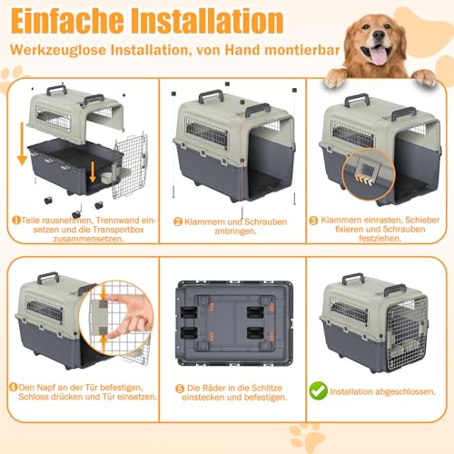 XMTECH Hundetransportbox Transportbox Flugzeugbox für Tiere, Reisebox für Hunde, mit Sicherheitsverriegelung & Lüftungsgitter, L 67 x B 51 x H 45 cm
