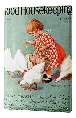 LEotiE SINCE 2004 Plaque en Métal Métallique Poster Mural tin Sign 40x30 cm Crèche Mignon Petite Fille nourrissant Les Poules