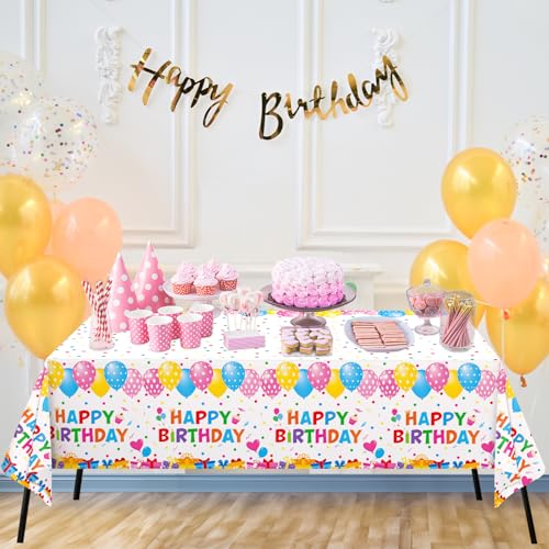 Image of WNINK 4 Pack Happy Birthday Plastic Tablecloths, 54x108 Inch Disposable Waterproof Birthday Party Table Covers, Colorful Polka Dot Rectangle Tablecloths for Kids Boys Girls Birthday Decorations